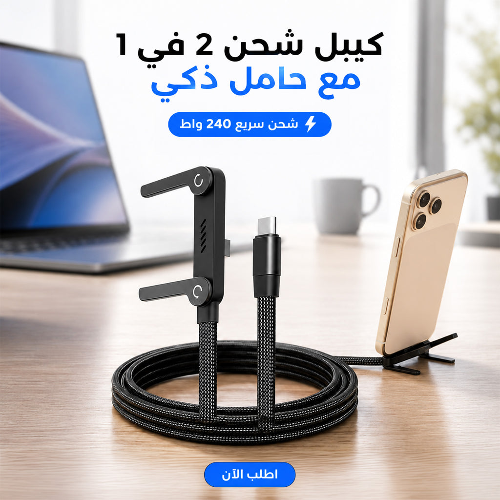كيبل شحن 2 في 1 مع حامل غير مرئي، كيبل شحن سريع 240 واط بطول 1.5 متر كود المنتج