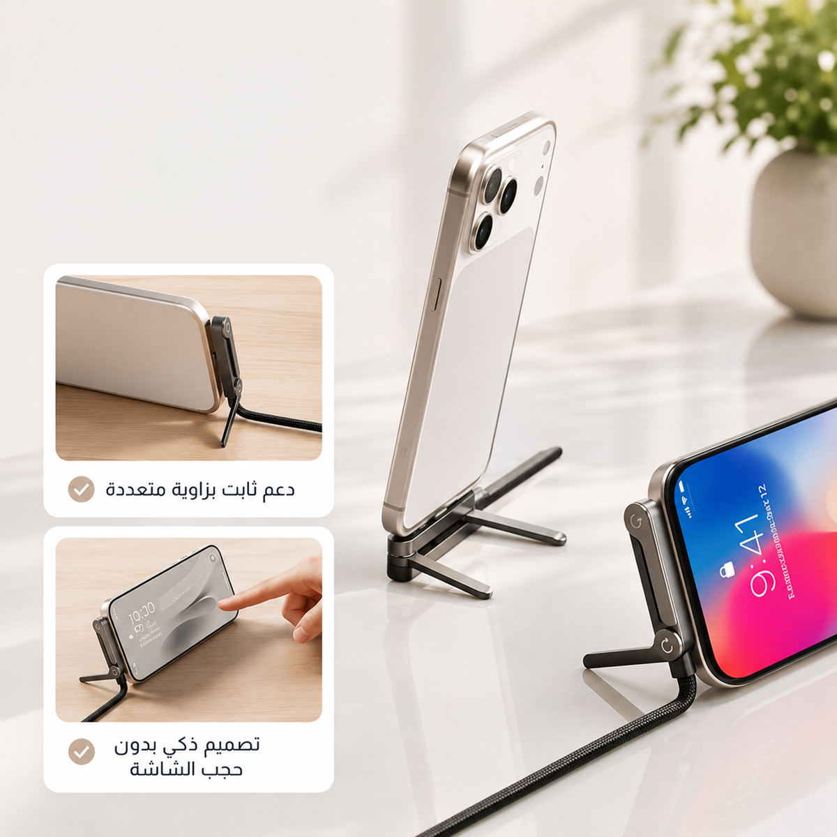 كيبل شحن 2 في 1 مع حامل غير مرئي، كيبل شحن سريع 240 واط بطول 1.5 متر كود المنتج