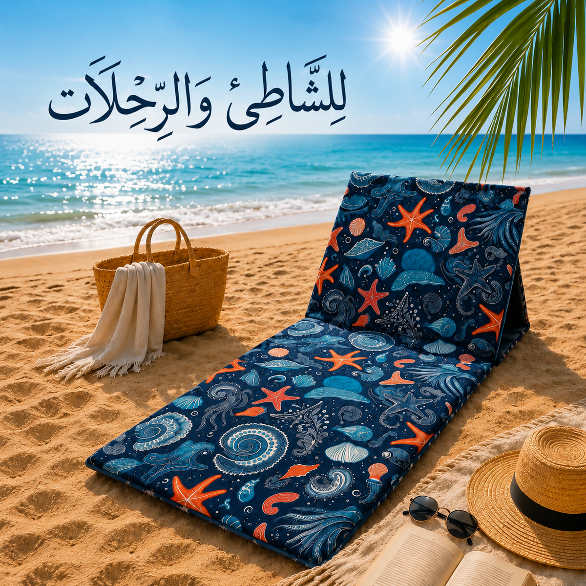 شازلونج شاطئ سفنج بظهر خشب قماش وتربروف مقاس 60*200 سم طابعه صيفيه كحلي